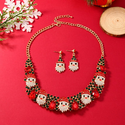 Festive Santa Claus Rhinestone Jewelry Set - Christmas Necklace and Earrings for Holiday Glam