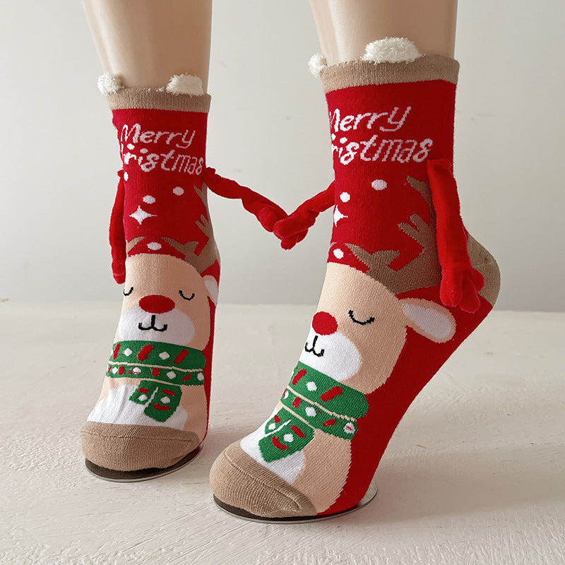 Festive Christmas Magnetic Socks – Santa Claus & Snowman Hand-Holding Socks for Couples