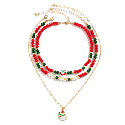 Festive Beaded Christmas Necklace Set – Holiday Charm with Snowman & Crystal Accents