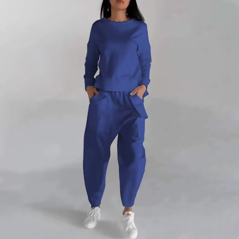 Solid Color Fashion Sweatshirt & Loose Trousers Set – Women's Long Sleeve Back Slit Top with Pockets