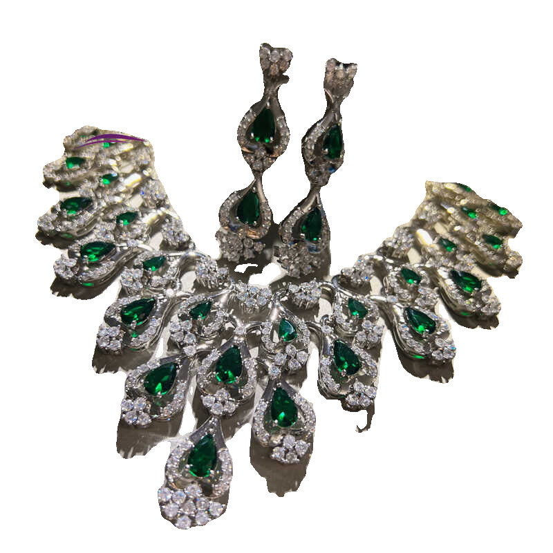 Luxurious Green Zircon Necklace & Earrings Set – Perfect Evening Dress Accessories for a Glamorous Look