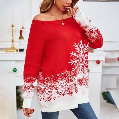 Chic Snowflake Off-Shoulder Christmas Sweater – Embrace Cozy Elegance!