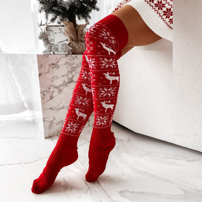 Festive Elk & Snowflake Knitted Over-the-Knee Socks – Stay Warm in Style!