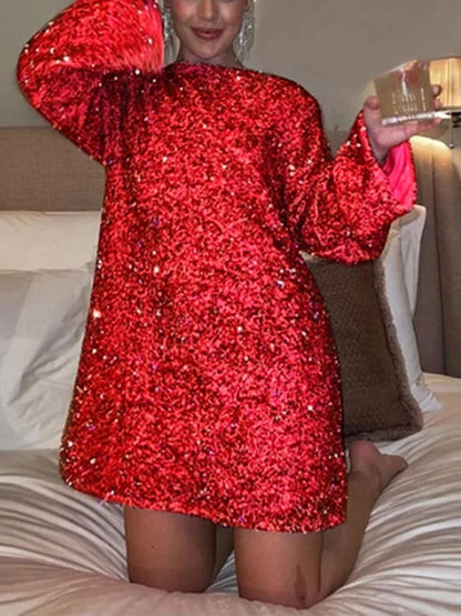 Stunning Sequined Back-Bowed Dress – Elegant Long-Sleeve Party Outfit