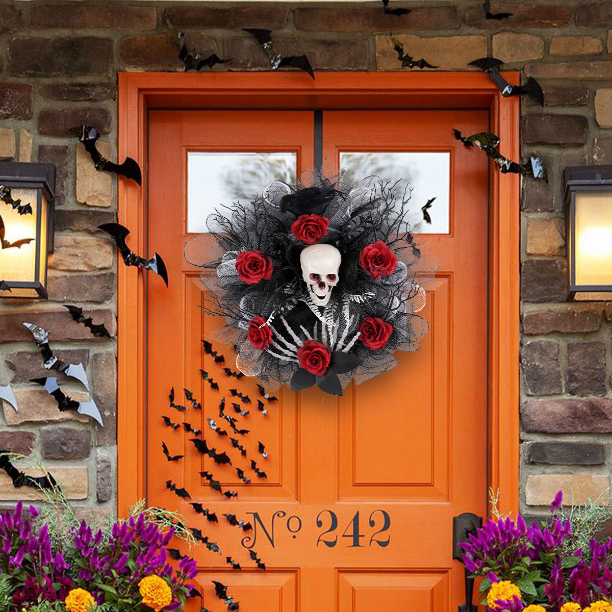 Elegant Halloween Red Rose & Skull Mesh Garland – Spooky-Chic Door Hanging Decoration for a Haunting Welcome