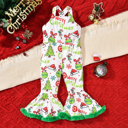 Festive Flair: Girls' Christmas Flared Suspender Pants – Holiday Style Made Fun