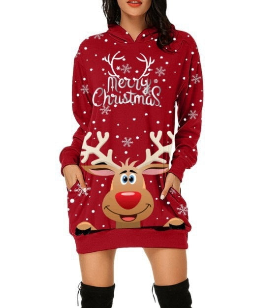 Festive Reindeer Hooded Christmas Dress - Cozy & Stylish for the Holidays!