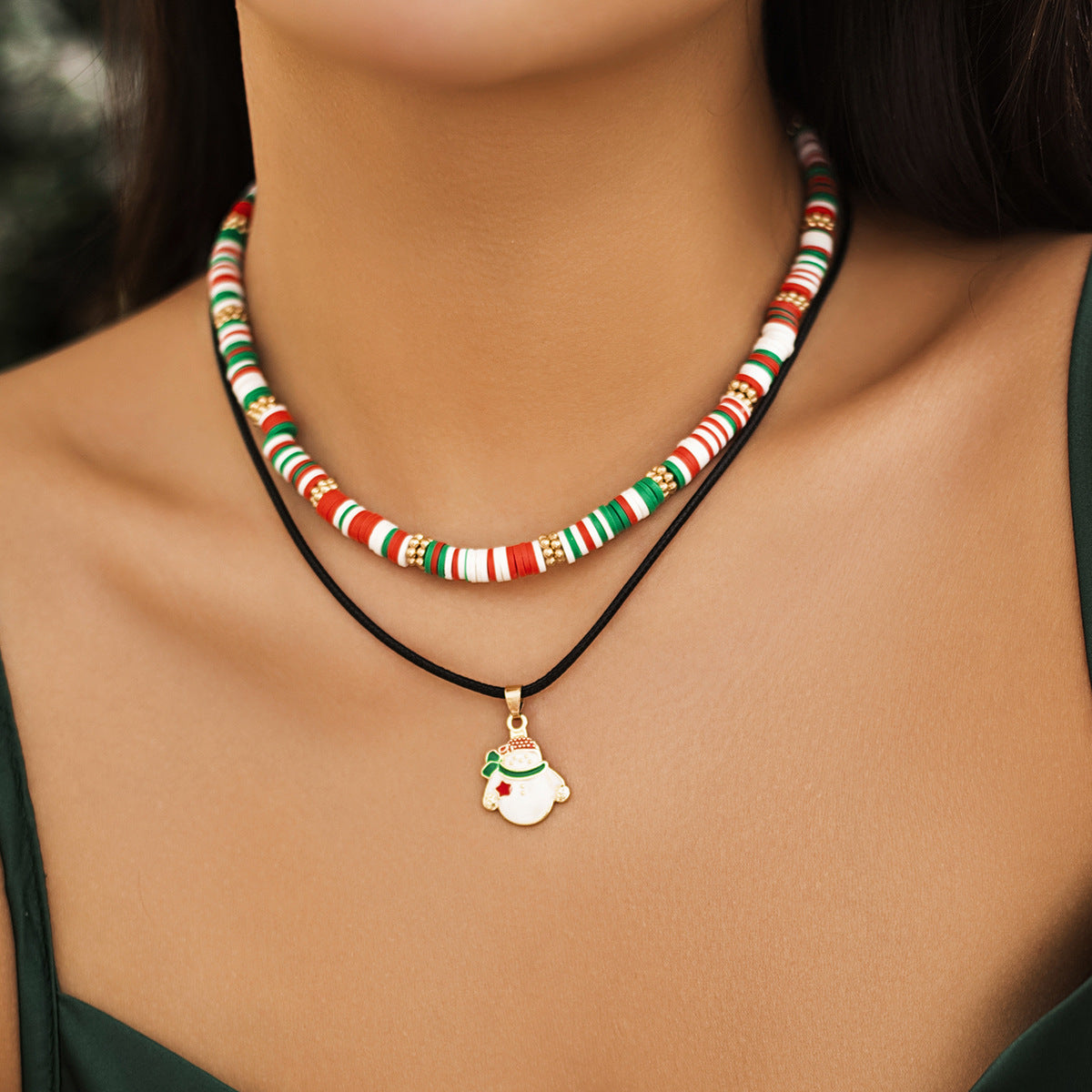 Festive Beaded Christmas Necklace Set – Holiday Charm with Snowman & Crystal Accents