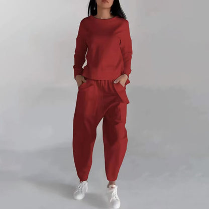 Solid Color Fashion Sweatshirt & Loose Trousers Set – Women's Long Sleeve Back Slit Top with Pockets