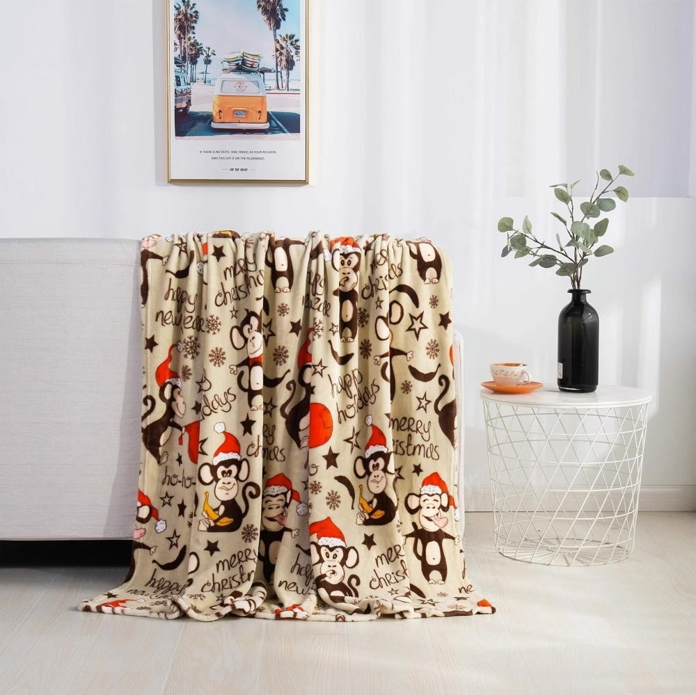 Cozy Christmas Flannel Blanket – Festive Elk, Snowman & Santa Prints for Warm Winter Nights