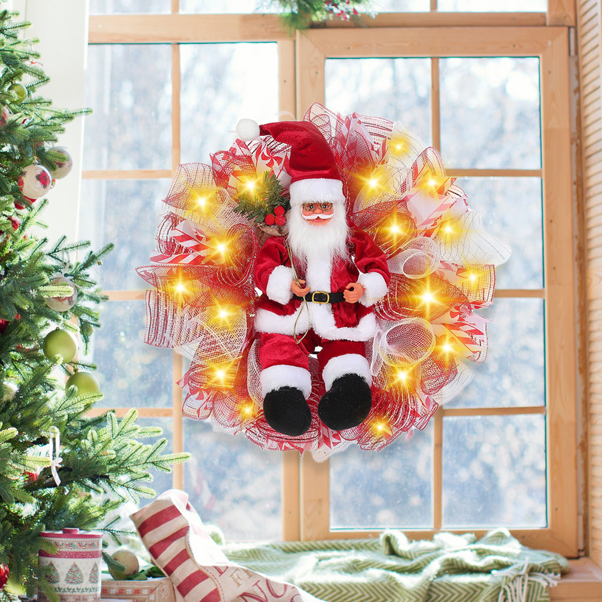 LED Santa Christmas Wreath – Festive Light-Up Holiday Door & Wall Decoration