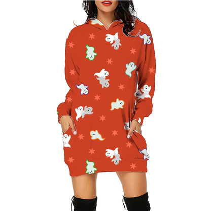 Halloween Print Long Hoodie with Pockets | Cozy Women's Sweater for Spooky Season